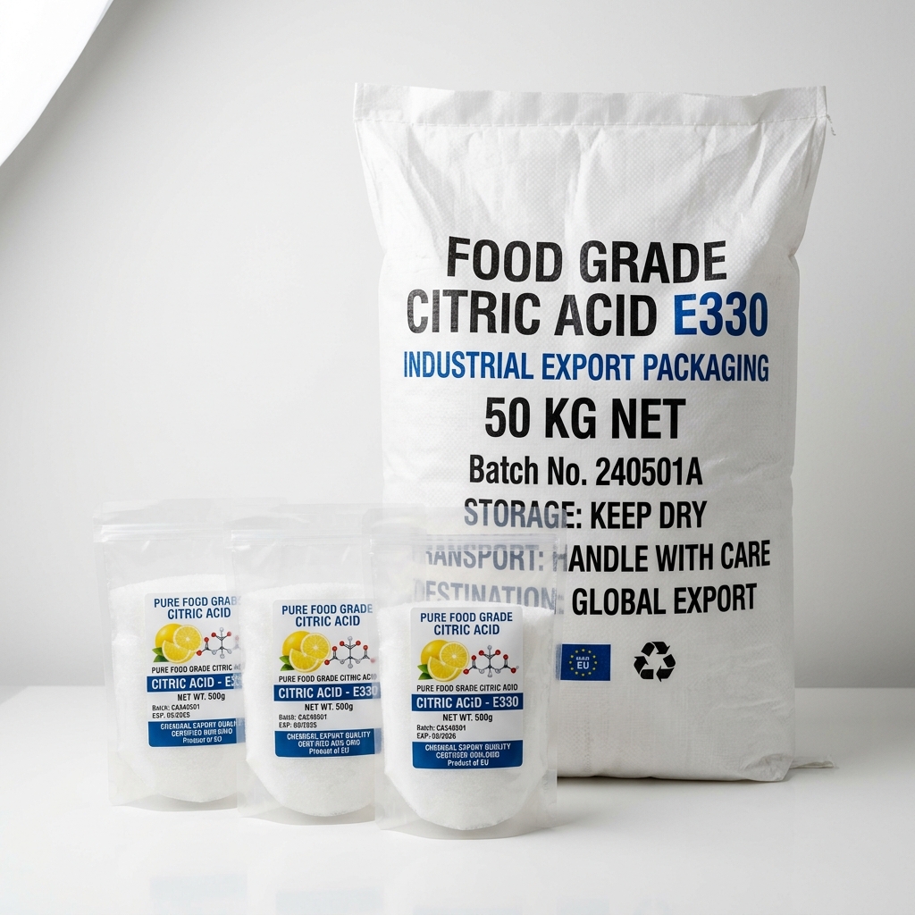 Food grade Citric Acid monohydrate and anhydrous white powder bags exported from India